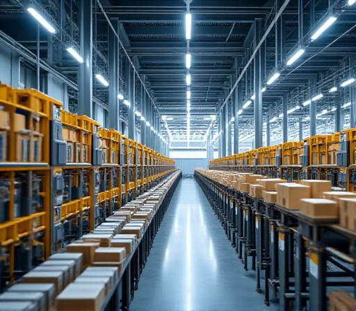 E-commerce fulfillment center with automated conveyor systems and parcel sorters