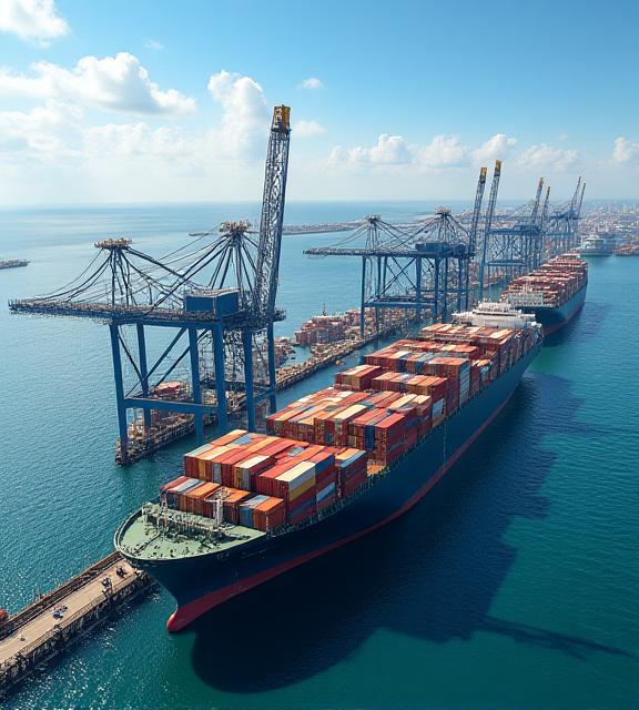 Container port terminal in Florida with ocean freight vessels being unloaded