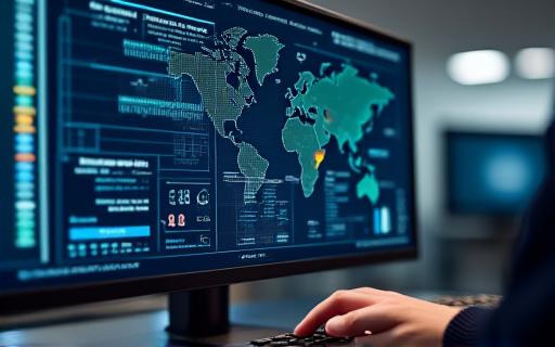Logistics technology platform showing real-time supply chain tracking dashboard on monitor