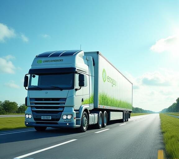 Green logistics truck on Florida highway representing sustainable transportation solutions
